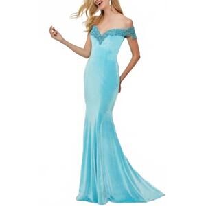 NEW ANGELA & ALISON velvet off the shoulder dress in aqua